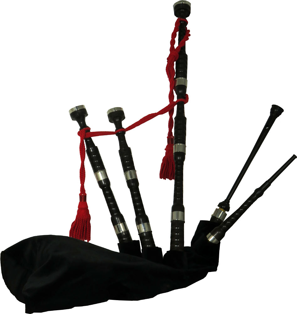 Bagpipes Galore Scottish Blackwood Bagpipes African Blackwood Button Mounts Beaded and Combed, Plain Ferules, Delrin chanter