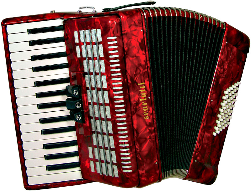 Scarlatti ASCARI IIR Piano Accordion, 48 Bass. Red 26 treble keys. 8 by 6 bass configuration