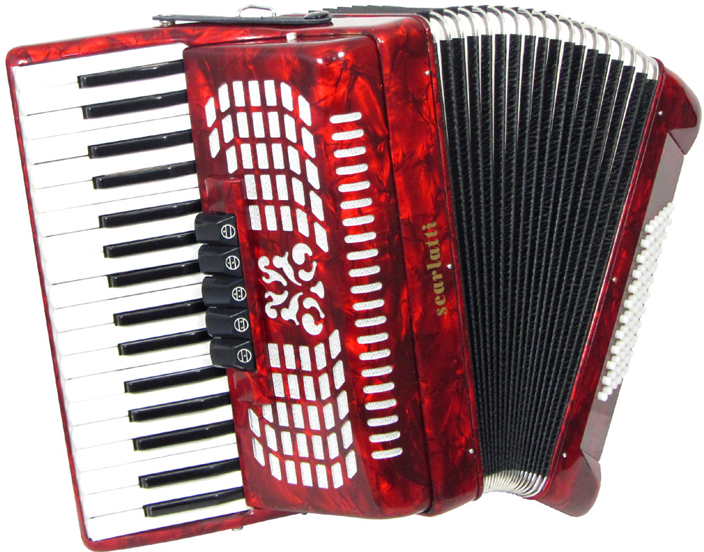 Scarlatti ASCARI 72R Piano Accordion, 72 Bass. Red 34 treble keys, 12 by 6 bass configuration